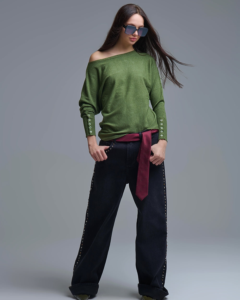 Soft Knit Olive Green Sweater with Sleeve Button Details