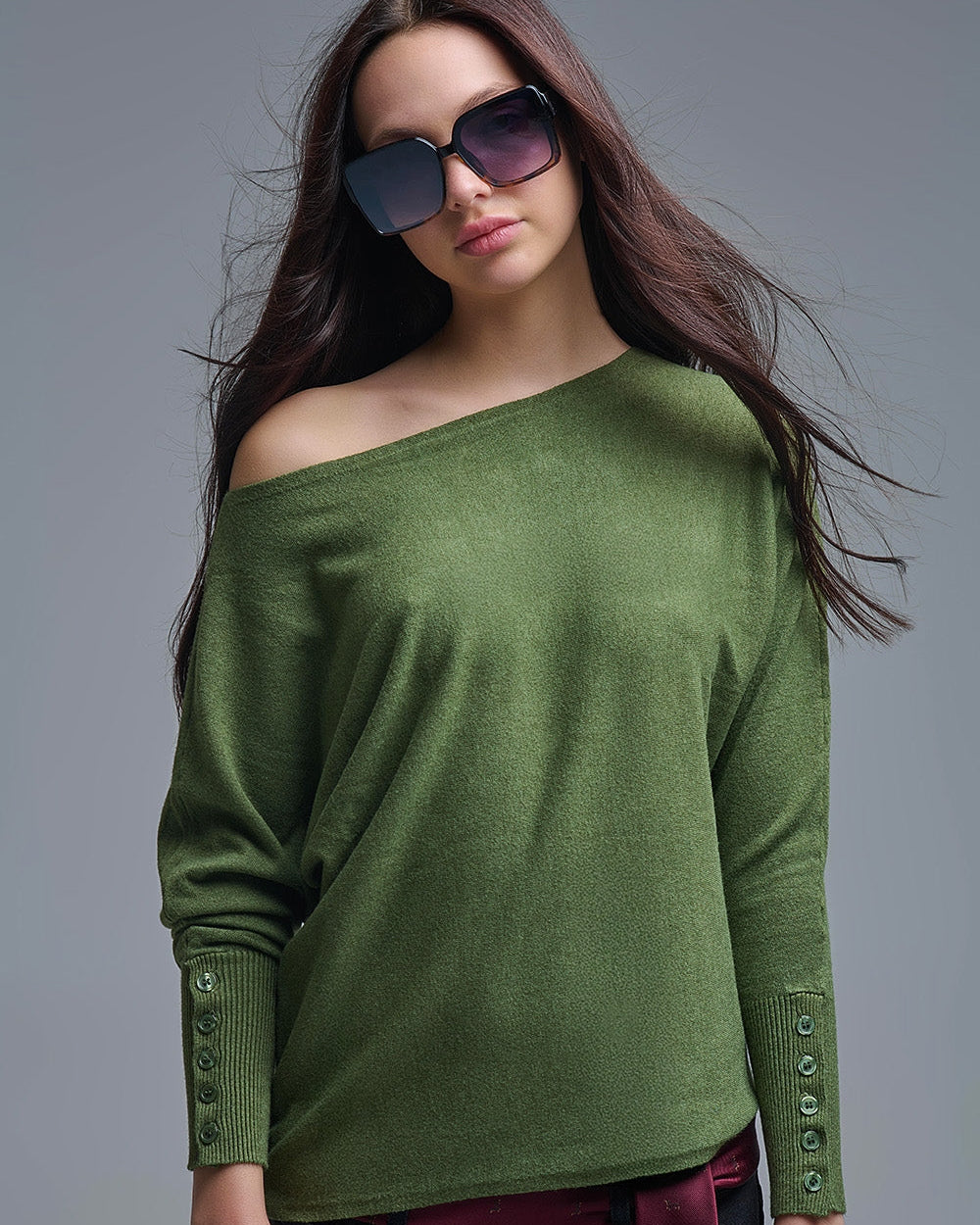 Soft Knit Olive Green Sweater with Sleeve Button Details