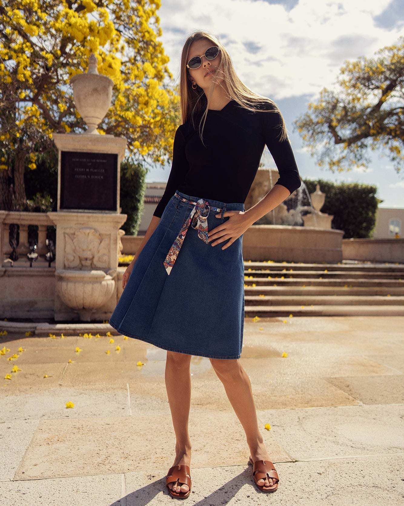 Denim Pleat Kilt Skirt with Tie