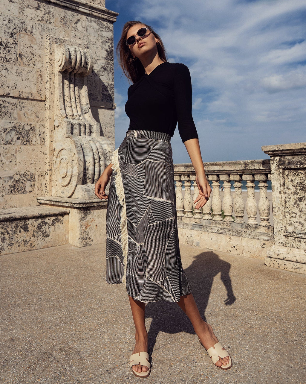 Faux Wrap Fringe Skirt