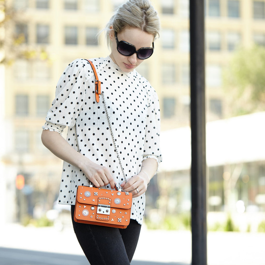 Studded Small Leather Crossbody Bag | Orange Purse