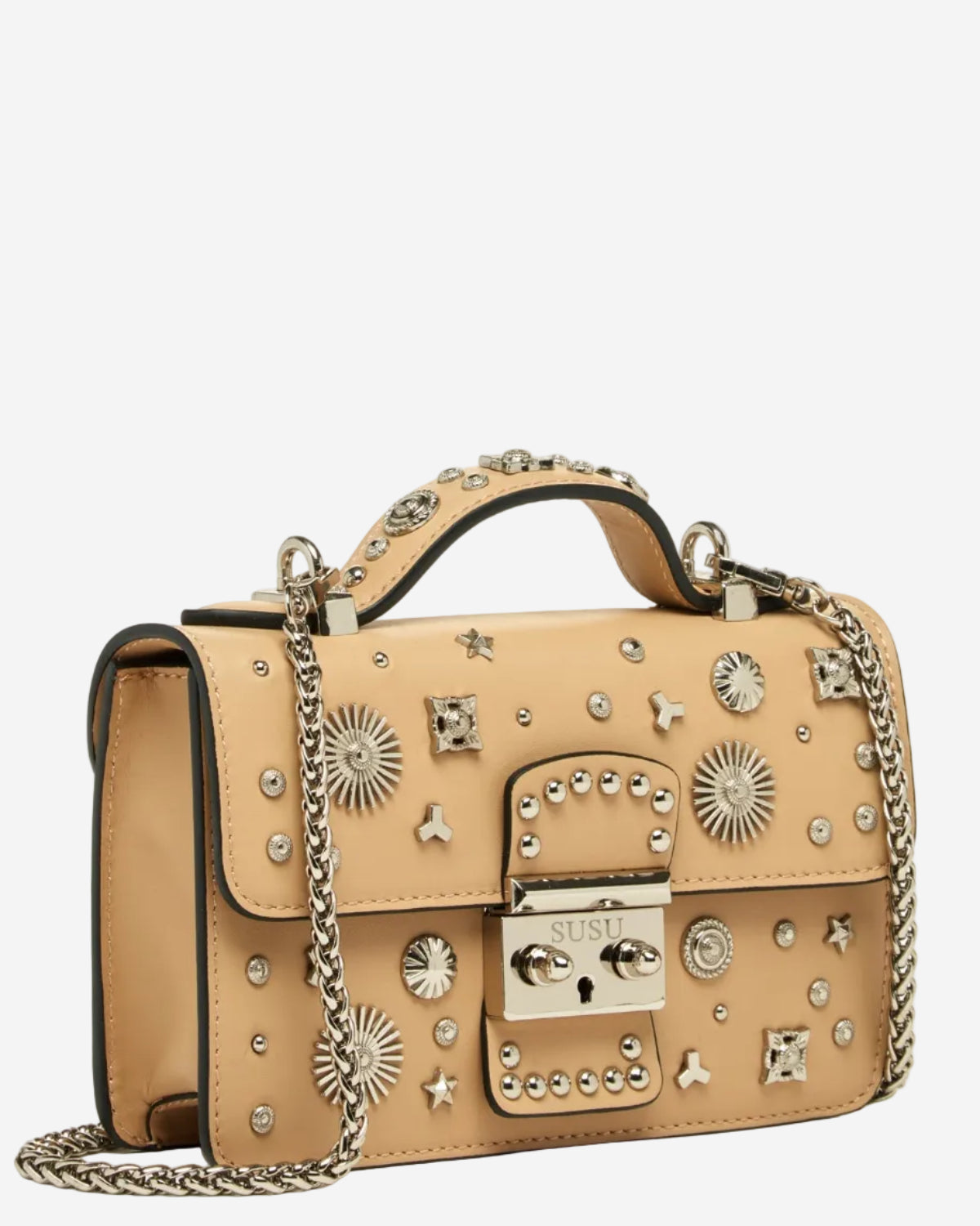 SUSU Small Leather Crossbody Bag Studded Dark Beige