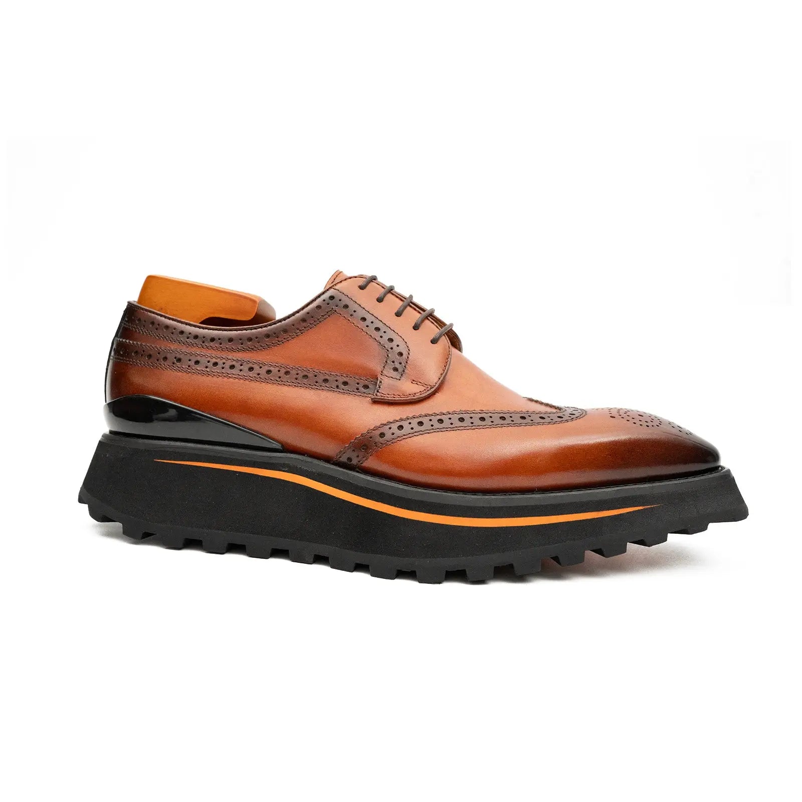 Thick-Soled Calfskin Formal Brogue Derby Shoes | Brown