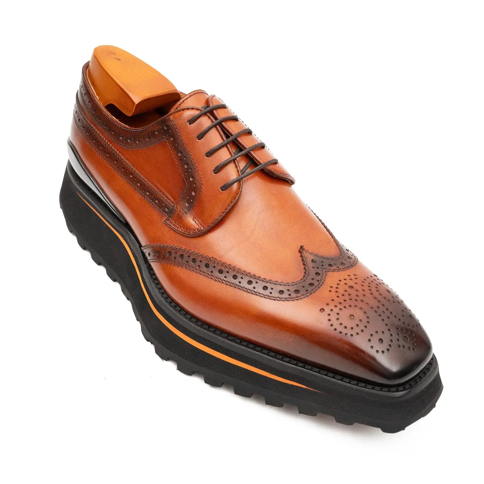 Thick-Soled Calfskin Formal Brogue Derby Shoes | Brown