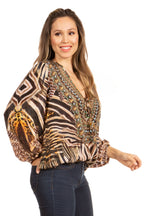 Women's Boho Floral Tunic Top with V-Neck and Elastic Sleeves by Sakkas Sante