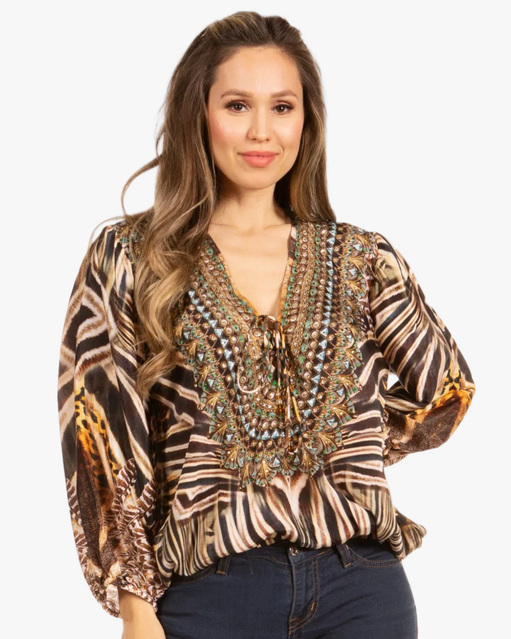 Women's Boho Floral Tunic Top with V-Neck and Elastic Sleeves by Sakkas Sante