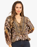 Women's Boho Floral Tunic Top with V-Neck and Elastic Sleeves by Sakkas Sante