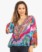Women's Boho Floral Tunic Top with V-Neck and Elastic Sleeves by Sakkas Sante