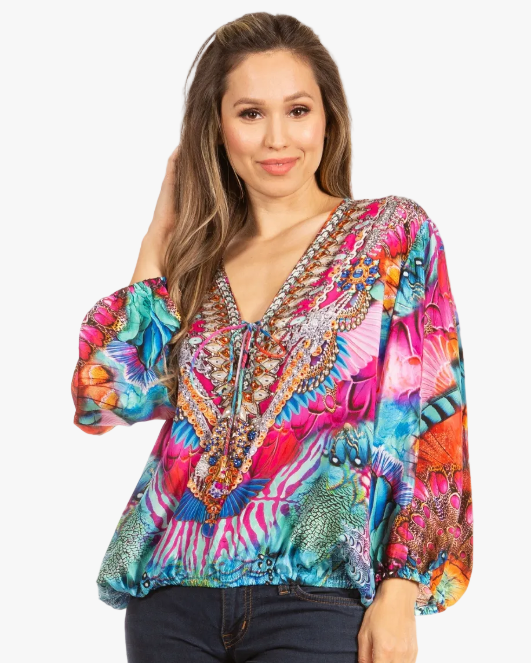 Women's Boho Floral Tunic Top with V-Neck and Elastic Sleeves by Sakkas Sante