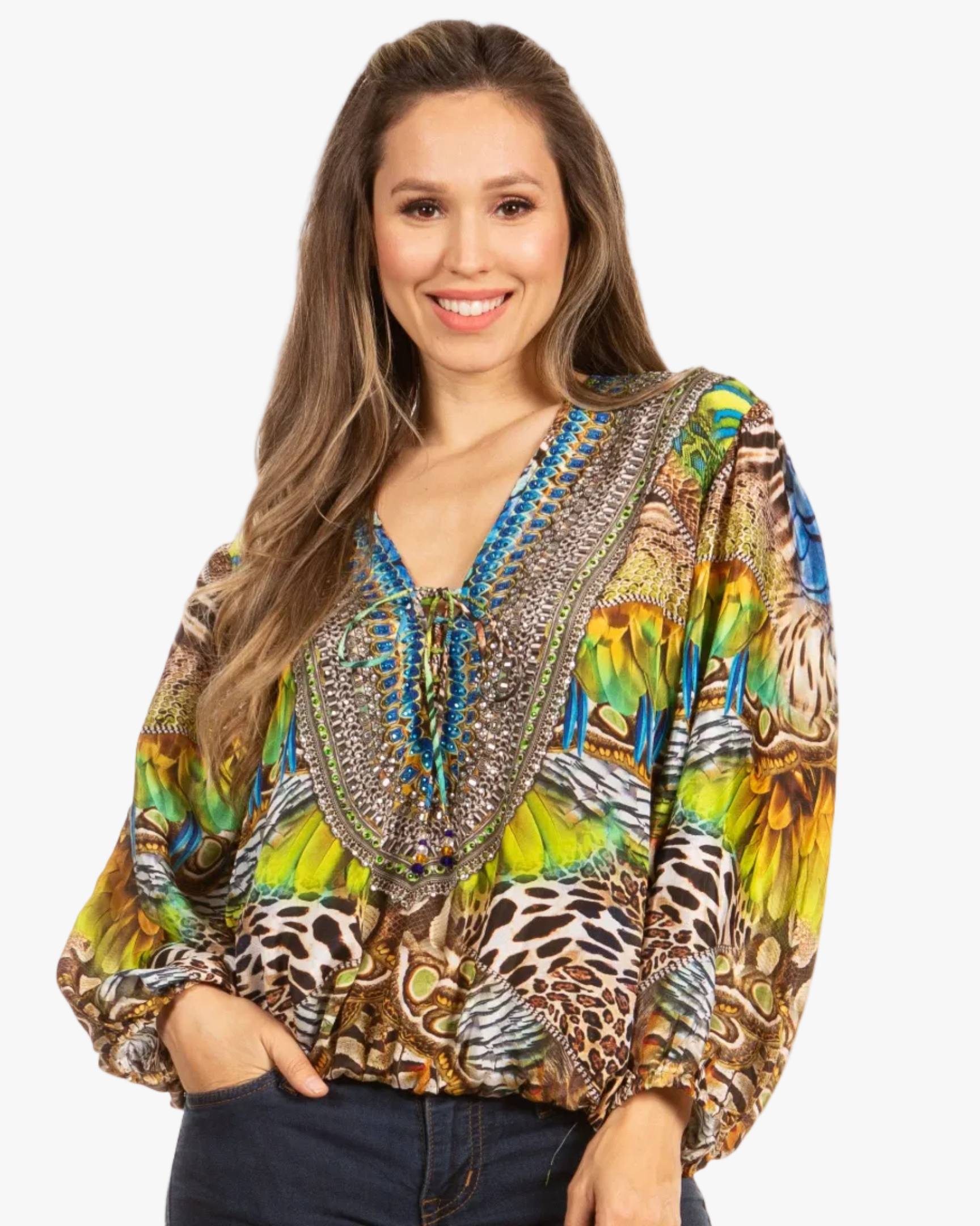 Women's Boho Floral Tunic Top with V-Neck and Elastic Sleeves by Sakkas Sante