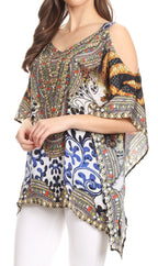 Sakkas Saanvi Printed Draped Short Sleeve Strap Cutout Shoulder V-Neck Kaftan Top