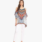 Sakkas Saanvi Printed Draped Short Sleeve Strap Cutout Shoulder V-Neck Kaftan Top