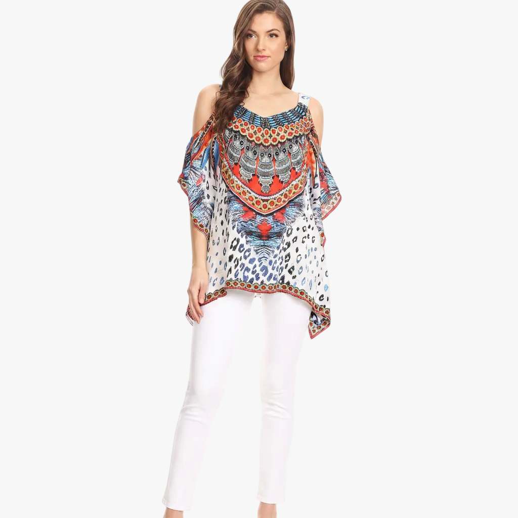 Sakkas Saanvi Printed Draped Short Sleeve Strap Cutout Shoulder V-Neck Kaftan Top