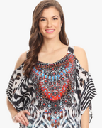 Sakkas Saanvi Printed Draped Short Sleeve Strap Cutout Shoulder V-Neck Kaftan Top