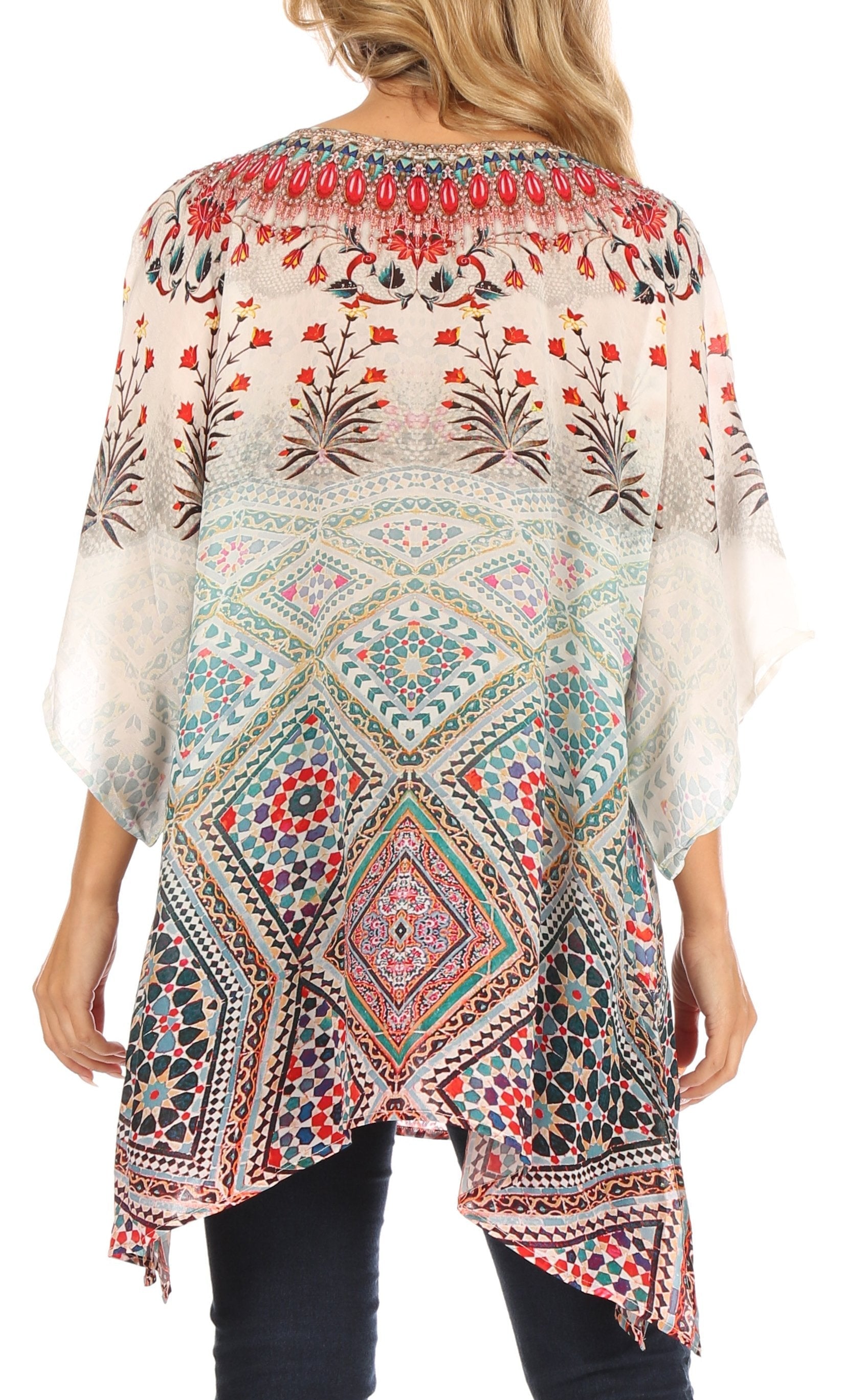 Tanya Short Sleeve Floral Print Loose Blouse Tunic V-Neck Silky