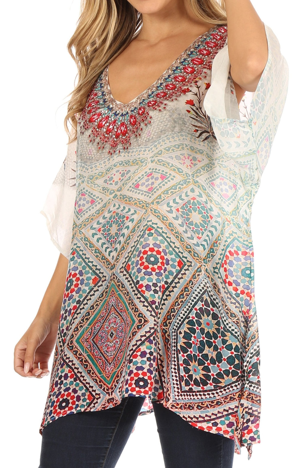 Tanya Short Sleeve Floral Print Loose Blouse Tunic V-Neck Silky