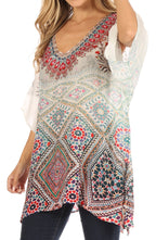 Tanya Short Sleeve Floral Print Loose Blouse Tunic V-Neck Silky