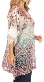 Tanya Short Sleeve Floral Print Loose Blouse Tunic V-Neck Silky