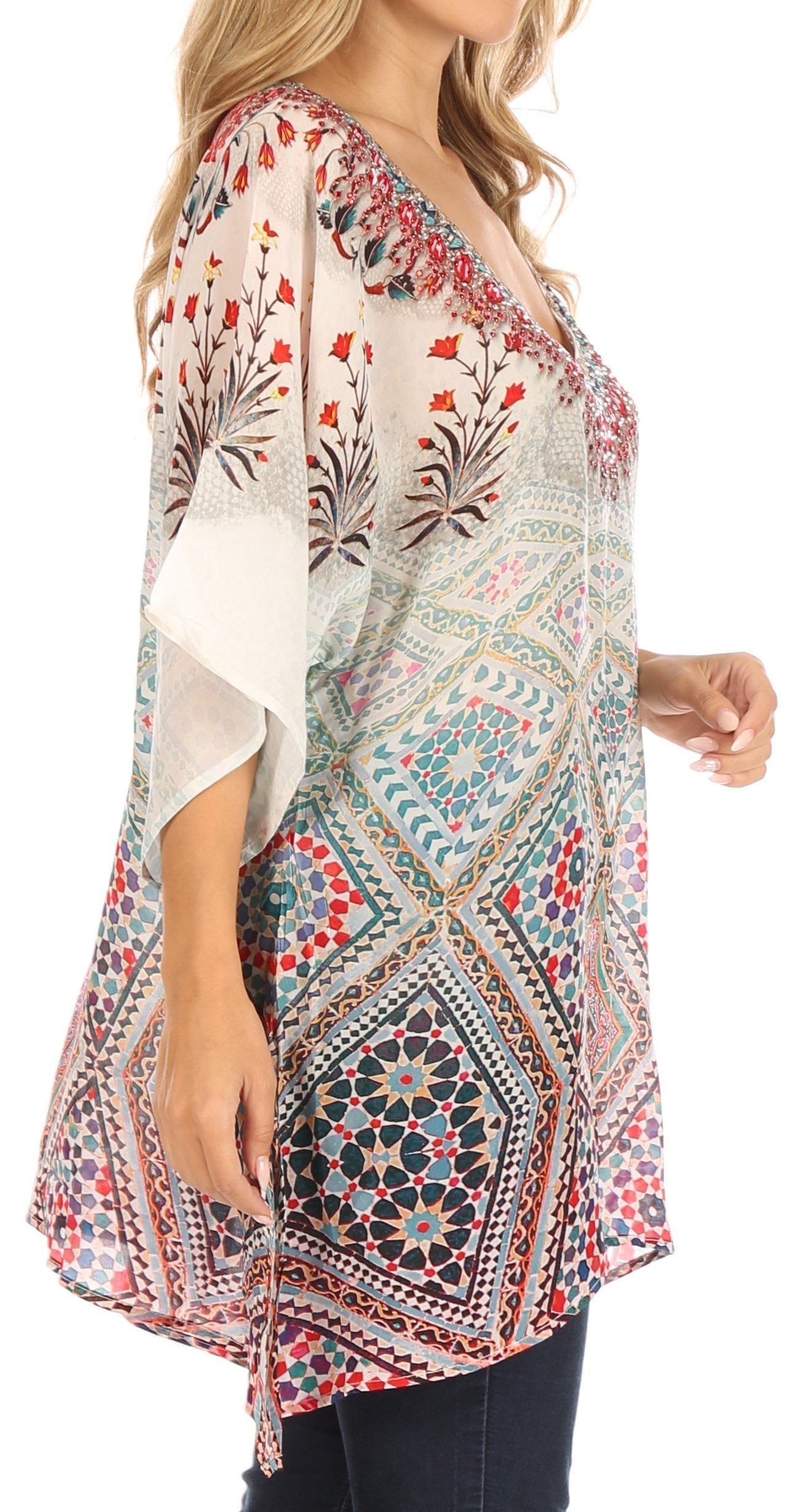 Tanya Short Sleeve Floral Print Loose Blouse Tunic V-Neck Silky