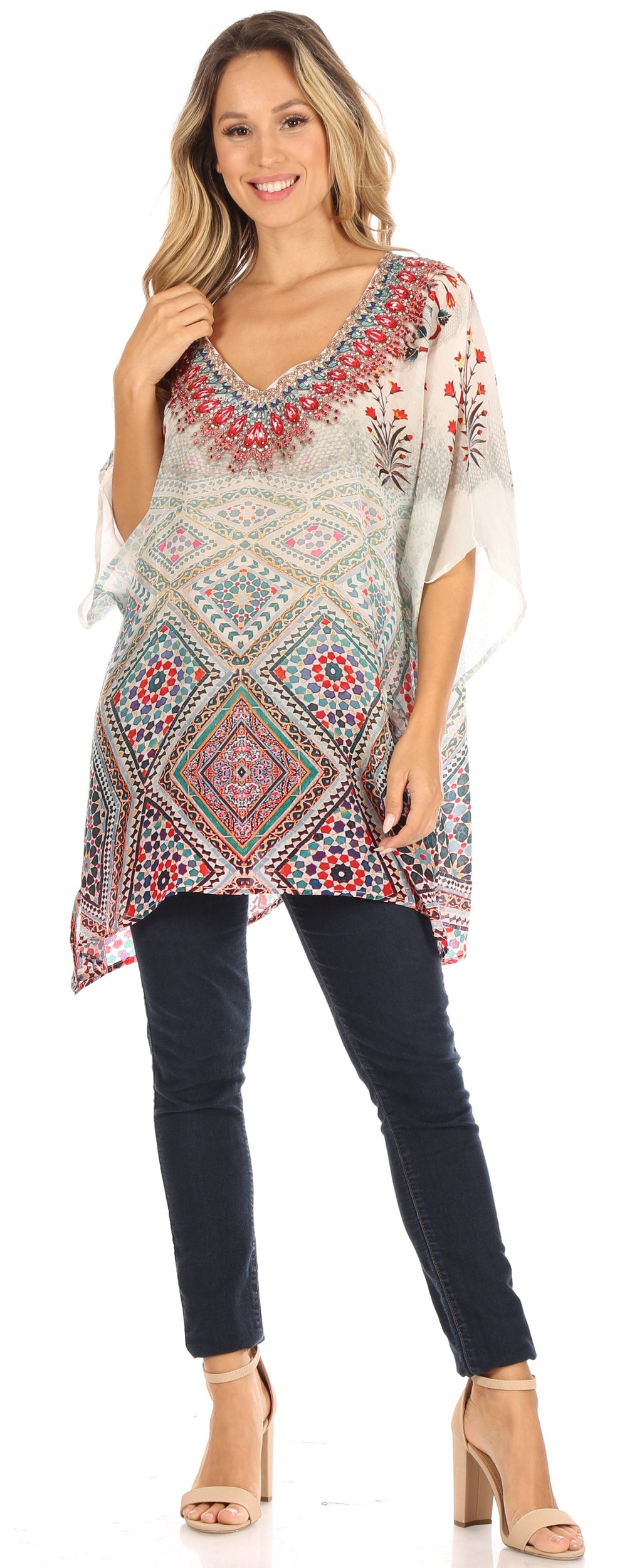Tanya Short Sleeve Floral Print Loose Blouse Tunic V-Neck Silky