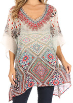 Tanya Short Sleeve Floral Print Loose Blouse Tunic V-Neck Silky