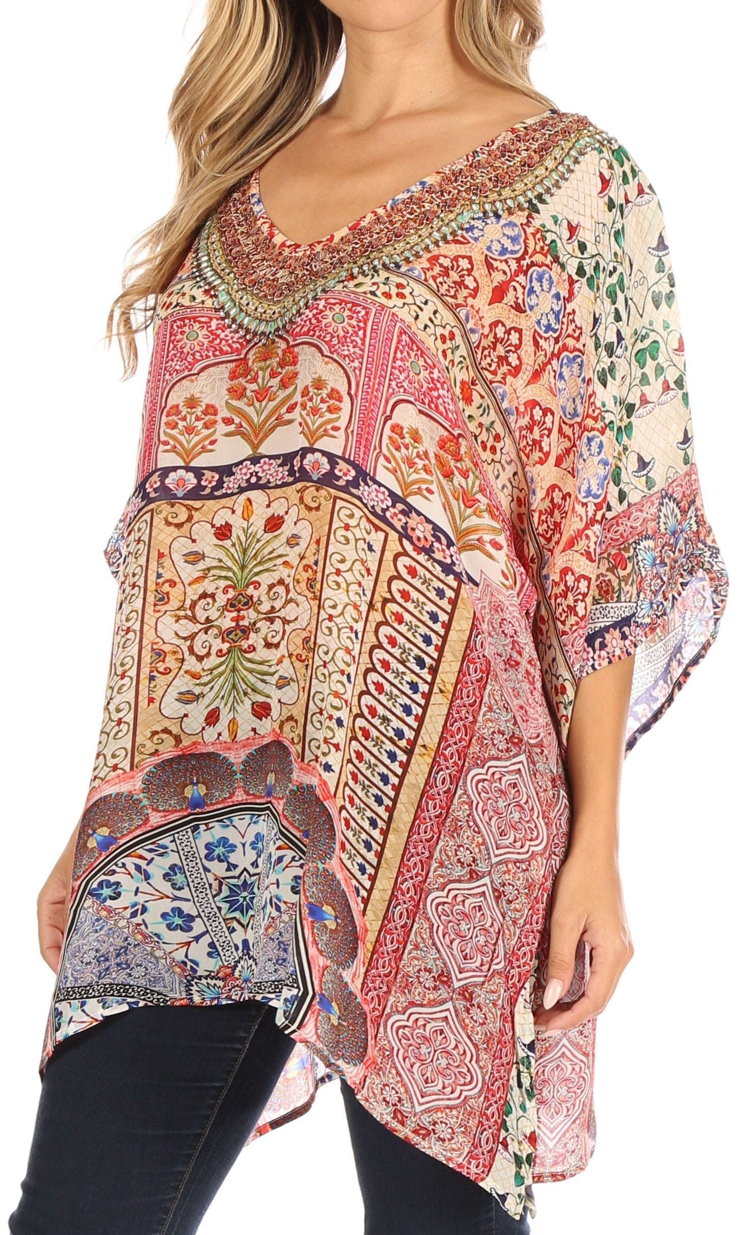 Tanya Short Sleeve Floral Print Loose Blouse Tunic V-Neck Silky