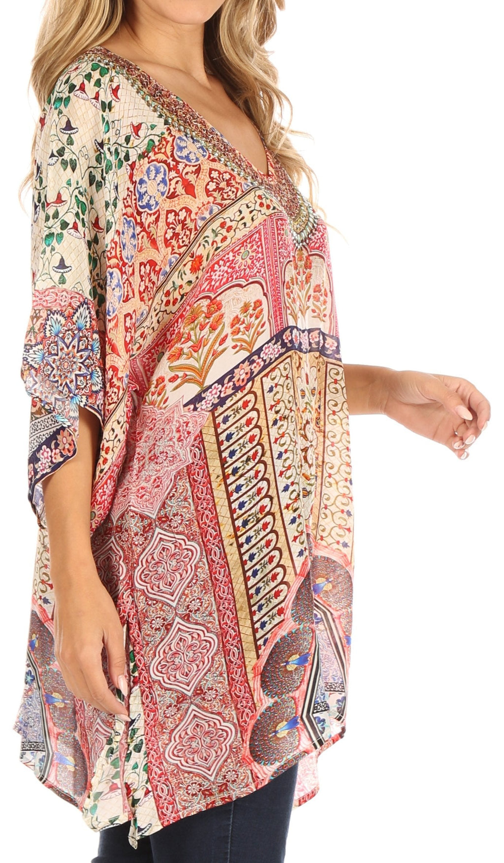 Tanya Short Sleeve Floral Print Loose Blouse Tunic V-Neck Silky