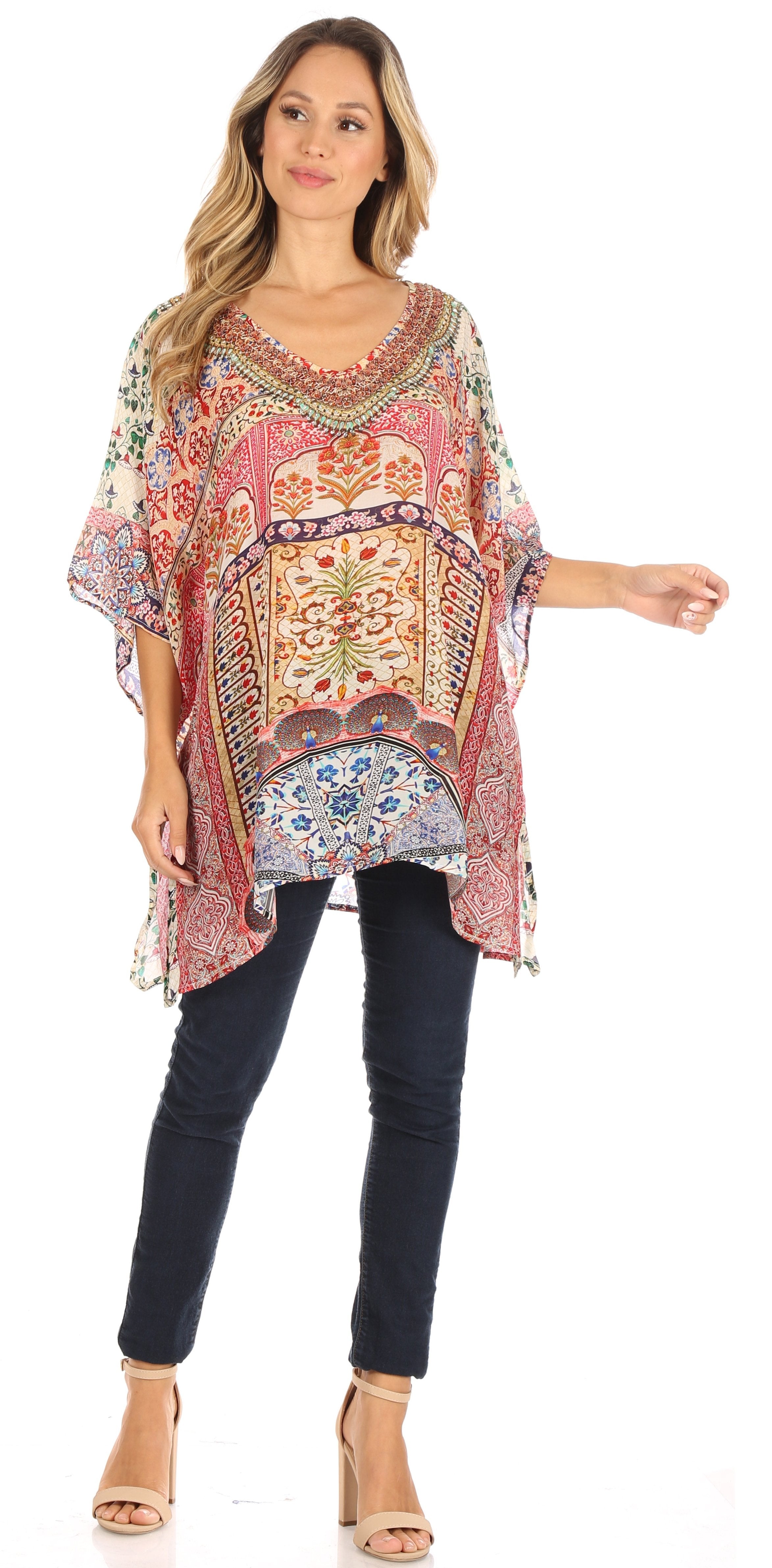 Tanya Short Sleeve Floral Print Loose Blouse Tunic V-Neck Silky