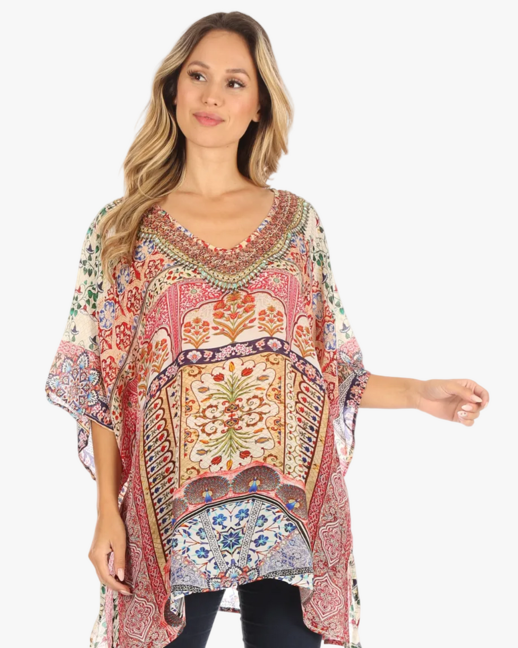 Tanya Short Sleeve Floral Print Loose Blouse Tunic V-Neck Silky