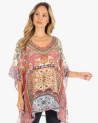 Tanya Short Sleeve Floral Print Loose Blouse Tunic V-Neck Silky