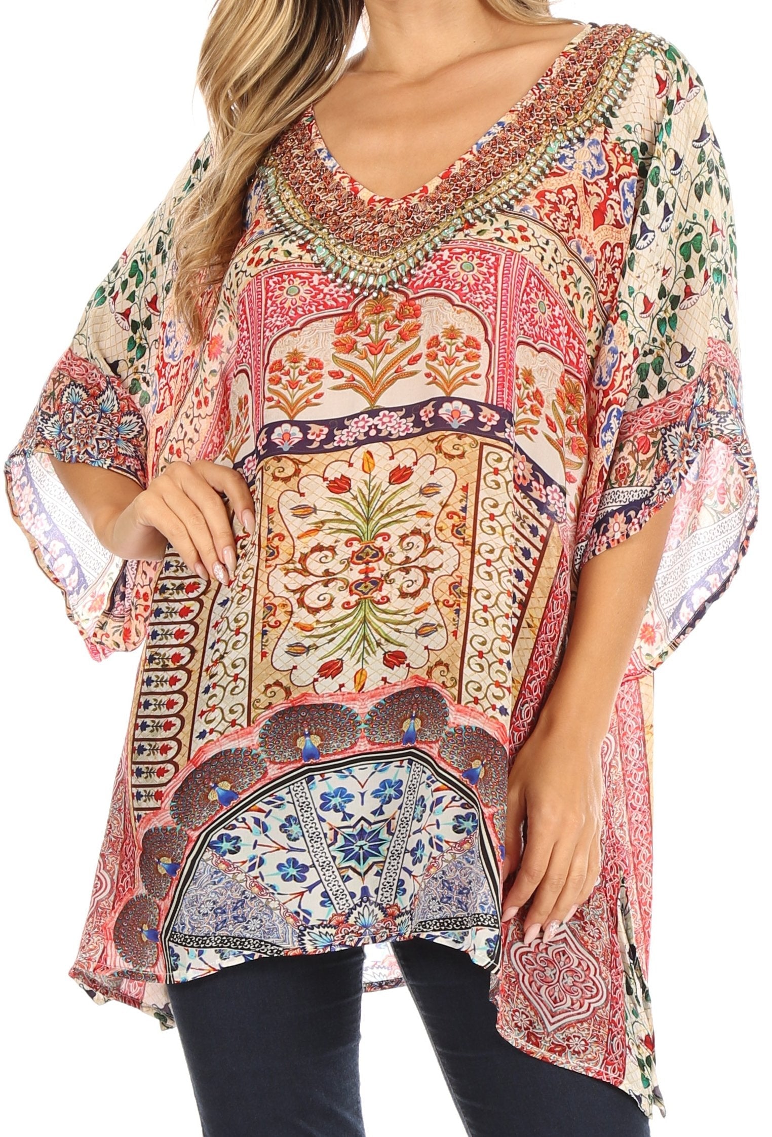 Tanya Short Sleeve Floral Print Loose Blouse Tunic V-Neck Silky