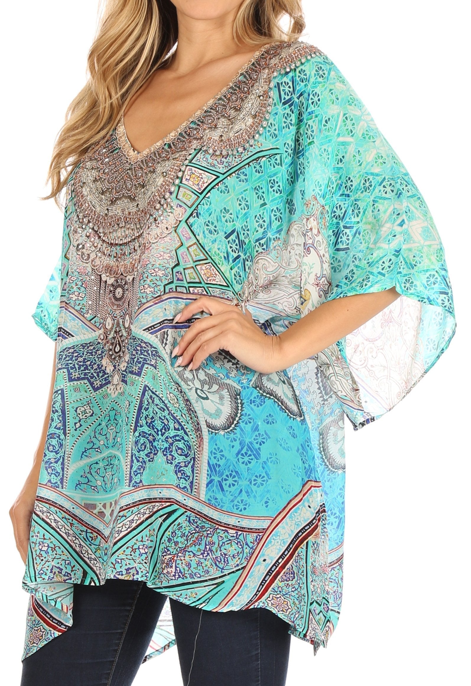 Tanya Short Sleeve Floral Print Loose Blouse Tunic V-Neck Silky