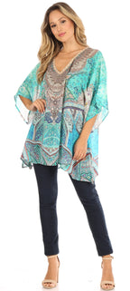 Tanya Short Sleeve Floral Print Loose Blouse Tunic V-Neck Silky