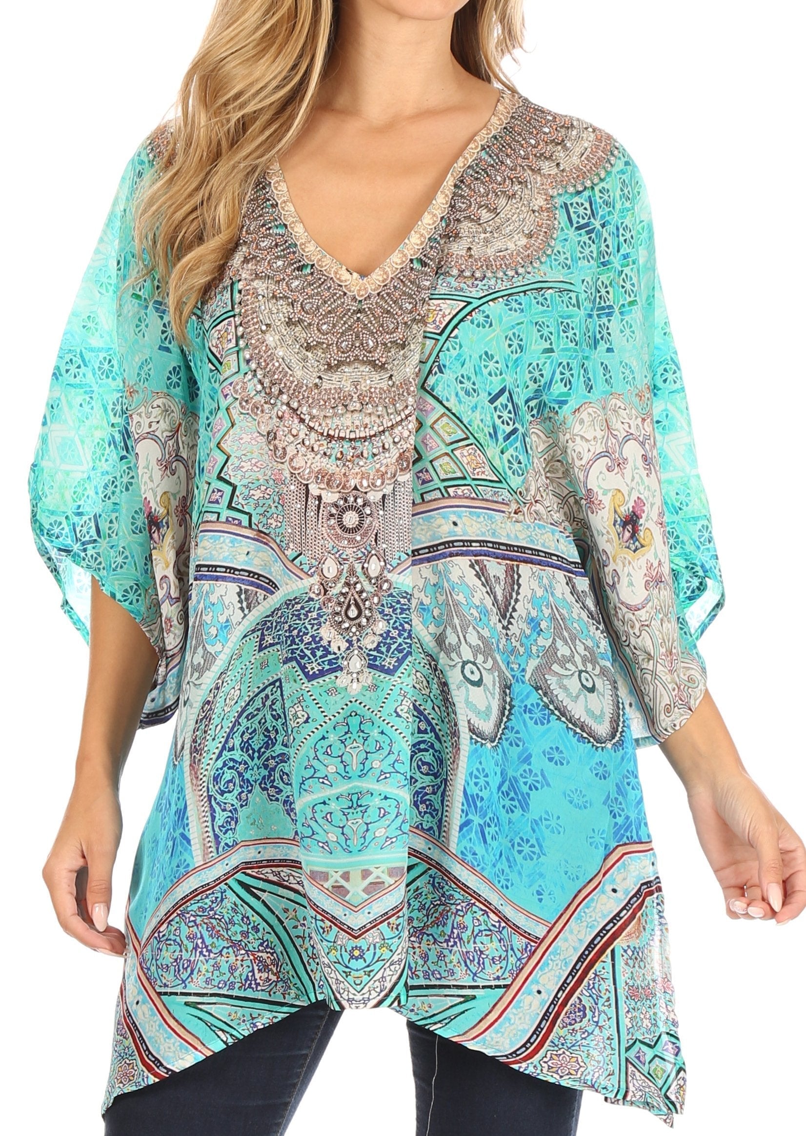 Tanya Short Sleeve Floral Print Loose Blouse Tunic V-Neck Silky