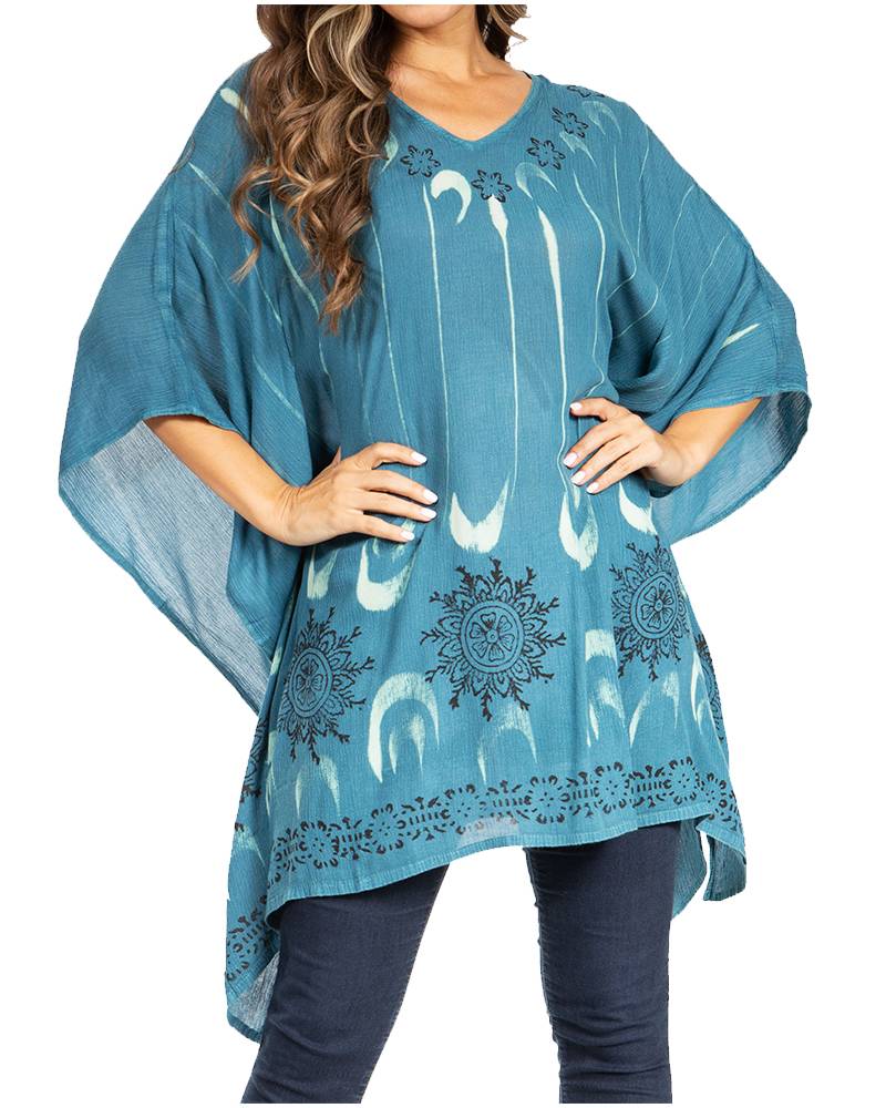 Adalwin Third Tie Dye Desert Sun Circle Tunic Top Blouse with Embroidery