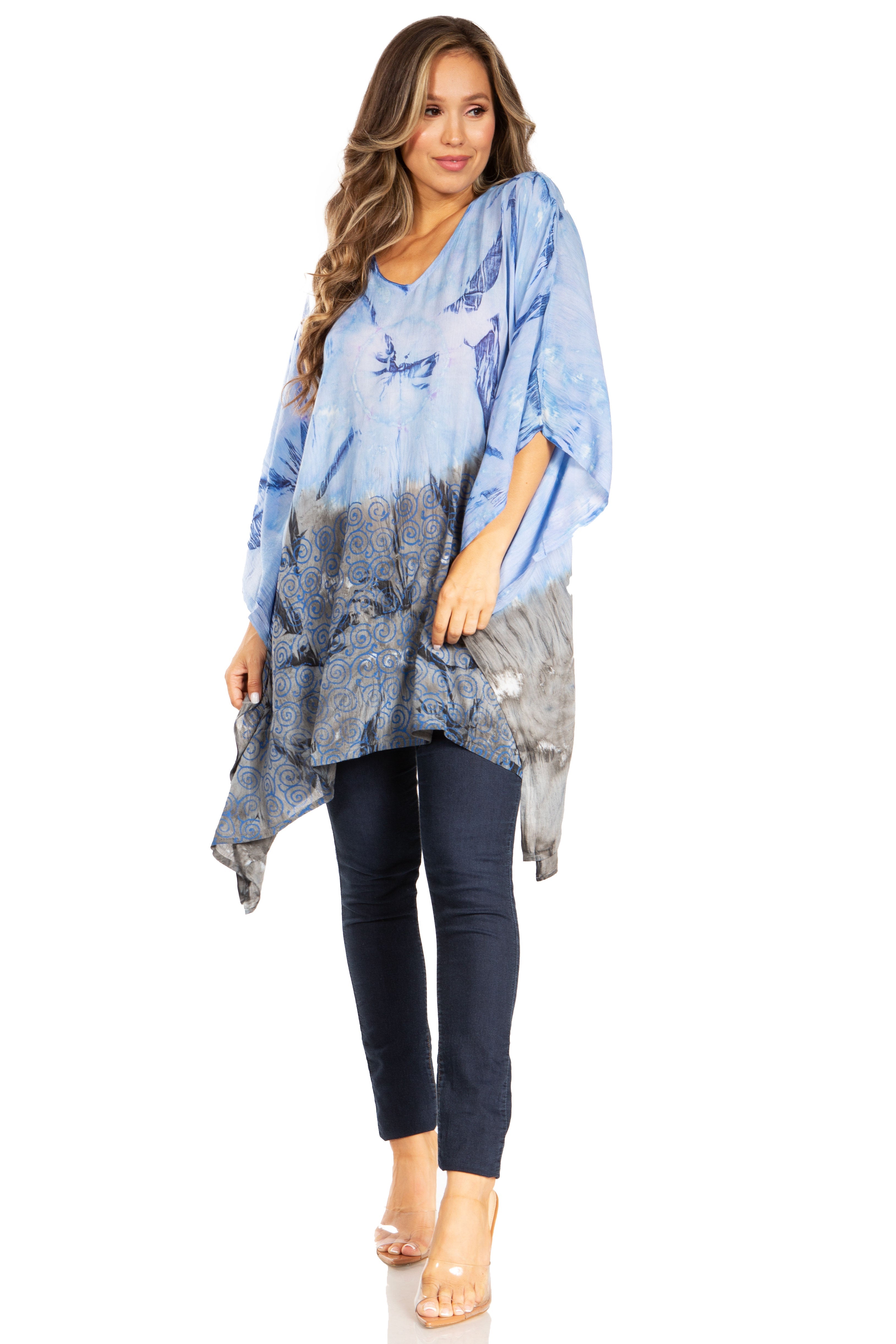 Adalwin Third Tie Dye Desert Sun Circle Tunic Top Blouse with Embroidery