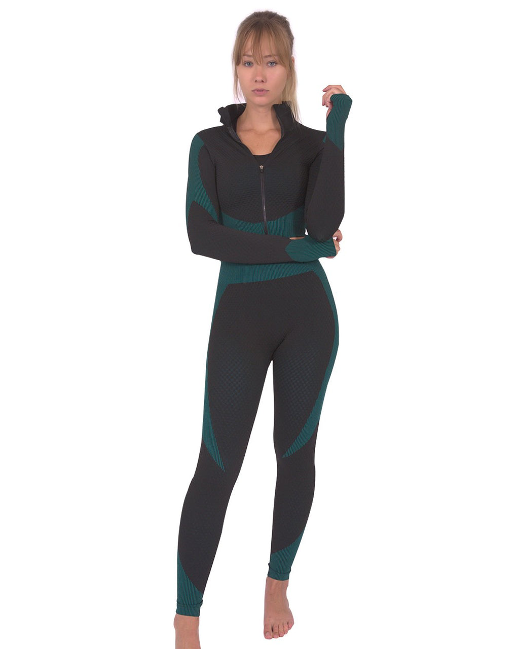Trois Seamless Jacket, Leggings & Sports Top 3 Set | Black and Teal Blue