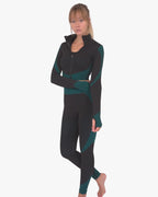 Trois Seamless Jacket, Leggings & Sports Top 3 Set | Black and Teal Blue
