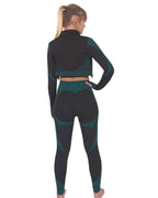 Trois Seamless Jacket, Leggings & Sports Top 3 Set | Black and Teal Blue