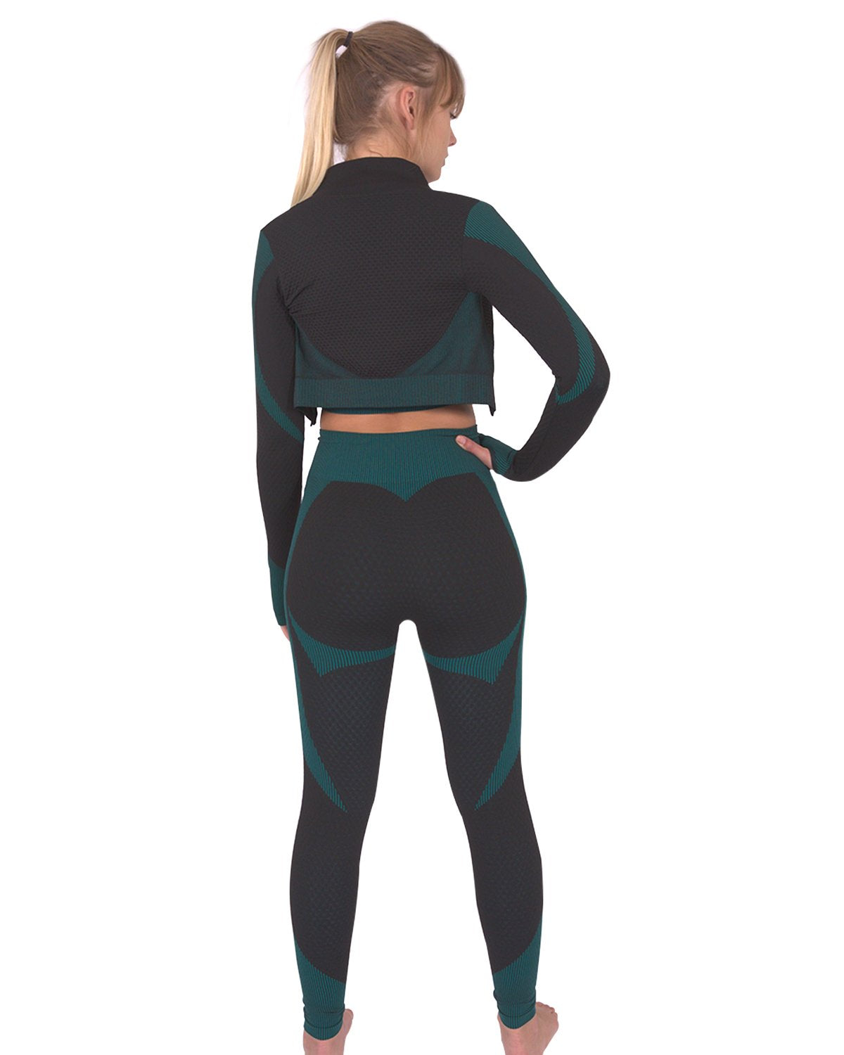Trois Seamless Jacket, Leggings & Sports Top 3 Set | Black and Teal Blue