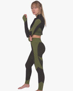 Trois Seamless Jacket, Leggings & Sports Top 3 Set | Black and Green