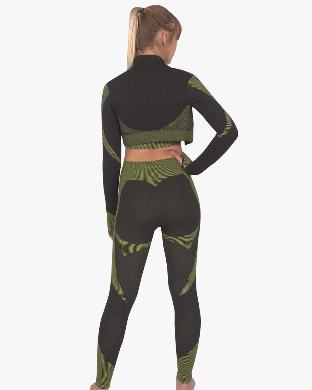Trois Seamless Jacket, Leggings & Sports Top 3 Set | Black and Green