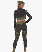 Trois Seamless Jacket, Leggings & Sports Top 3 Set | Black and Green
