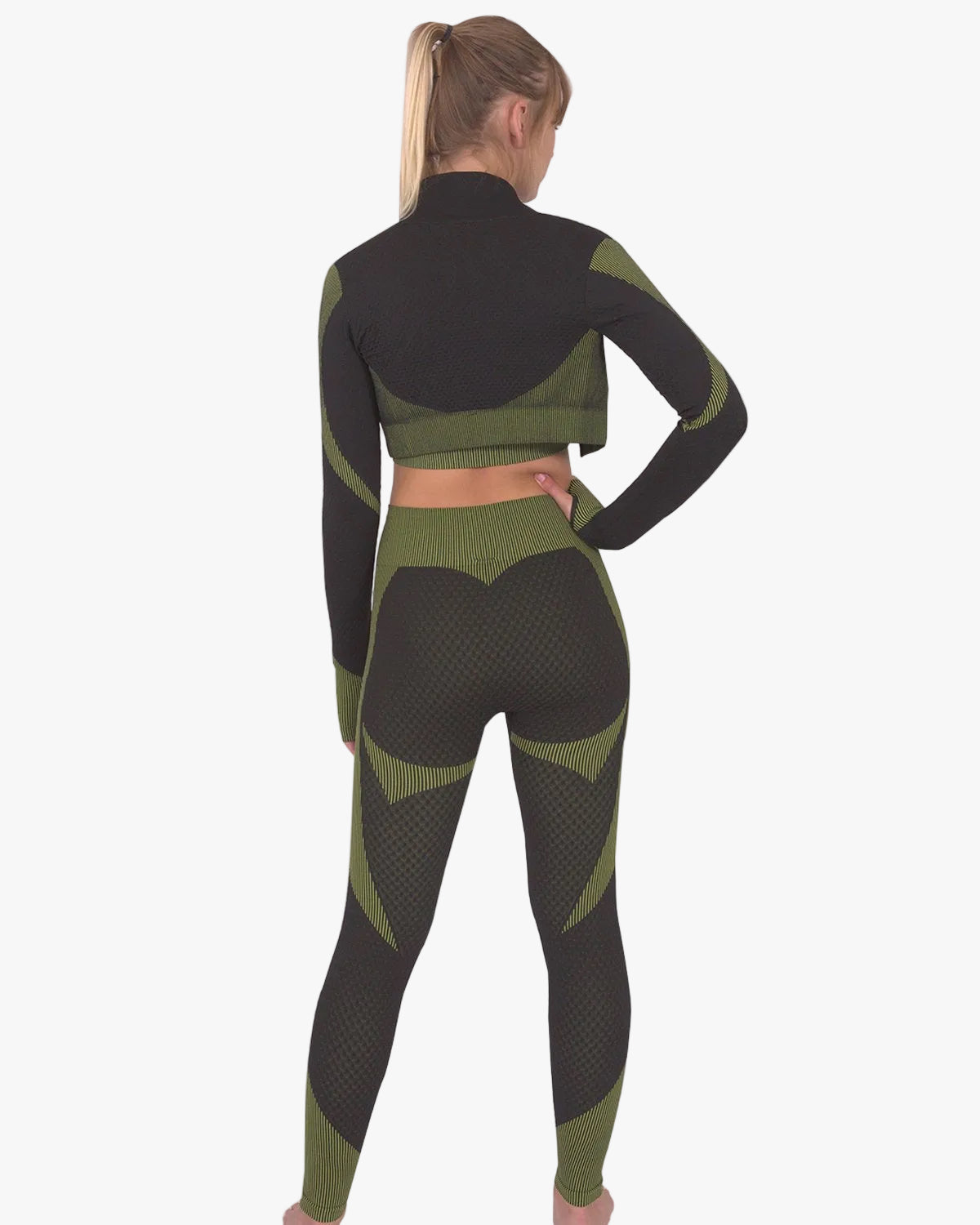 Trois Seamless Jacket, Leggings & Sports Top 3 Set | Black and Green