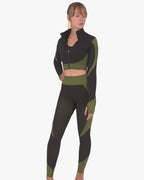 Trois Seamless Jacket, Leggings & Sports Top 3 Set | Black and Green