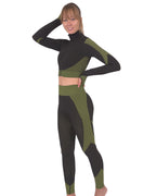 Trois Seamless Jacket, Leggings & Sports Top 3 Set | Black and Green