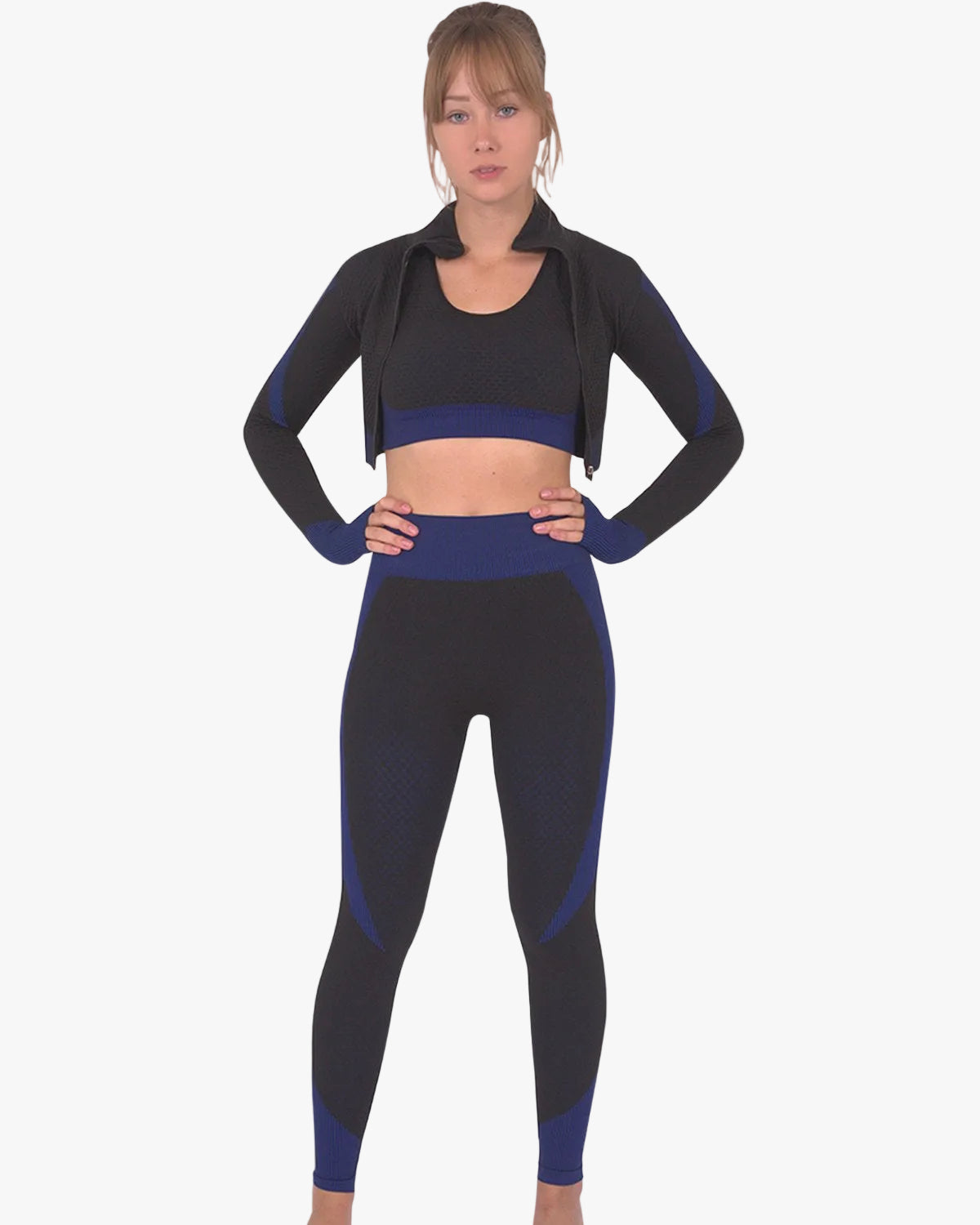 Trois Seamless Leggings & Sports Top 2 Set | Black and Navy