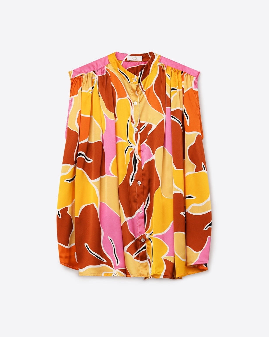 Tropical Print Button-Front Sleeveless Blouse in Orange Warm Tones