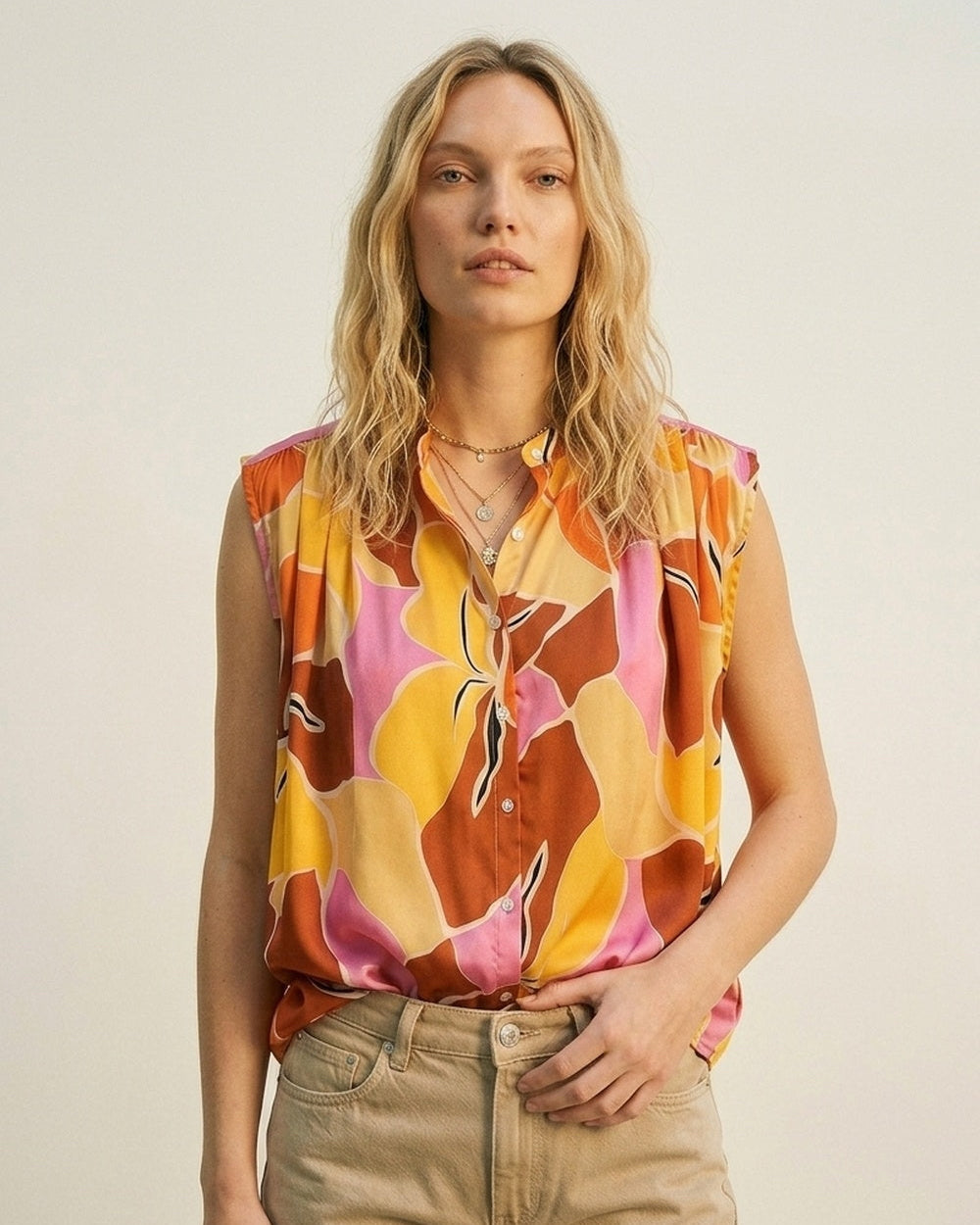 Tropical Print Button-Front Sleeveless Blouse in Orange Warm Tones