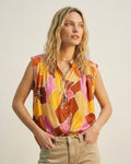 Tropical Print Button-Front Sleeveless Blouse in Orange Warm Tones